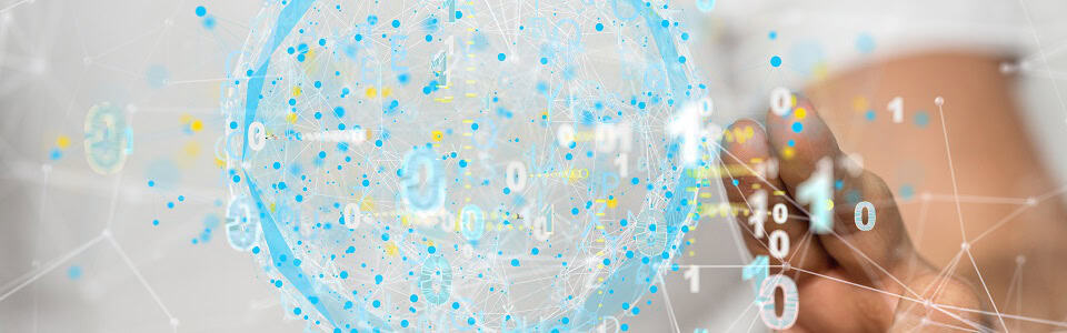 Person presenting a 3D render of cloud computing elements