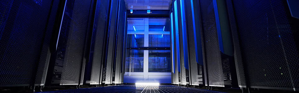 Modern interior of mainframe with blue neon