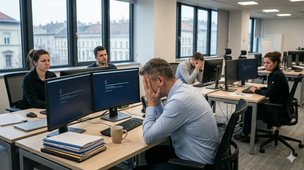 IT-rendszer leállása miatt várakozó munkatársak egy irodában