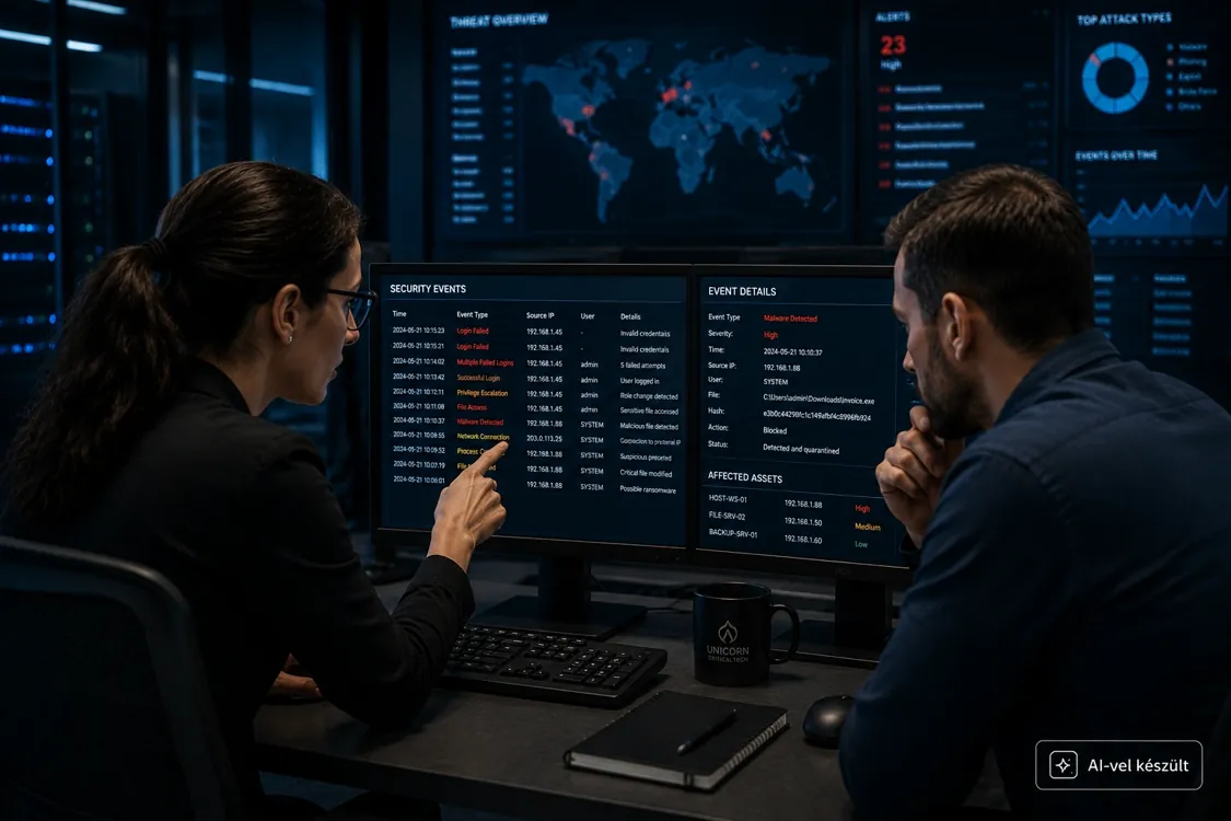 IT-szakemberek hálózati eseményeket és hibákat elemeznek monitorokon
